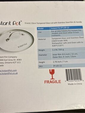 Instant Pot 9-inch Tempered Glass Lid with Stainless Steel Rim & Handle - Clear